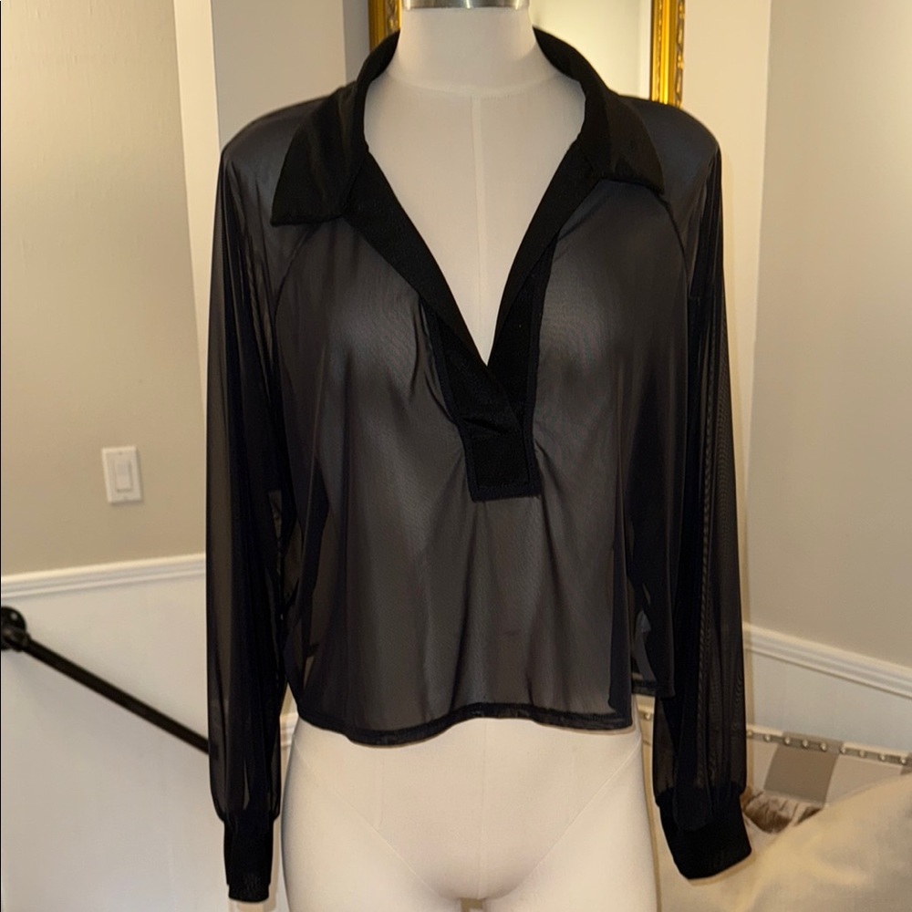 Lanston Sport Sheer V-Neck Black Long Sleeve Top. Size L.